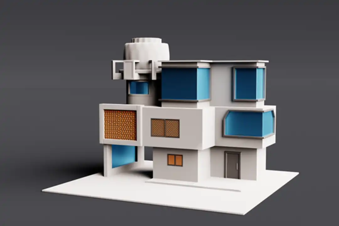 Model bangunan 3D modern dengan aksen jendela biru dan desain geometris