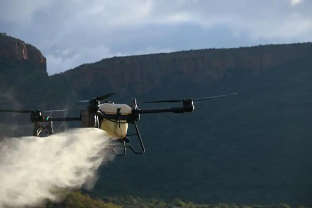 Drone menyemprotkan bahan kimia di lanskap pegunungan yang indah saat langit mendung.
